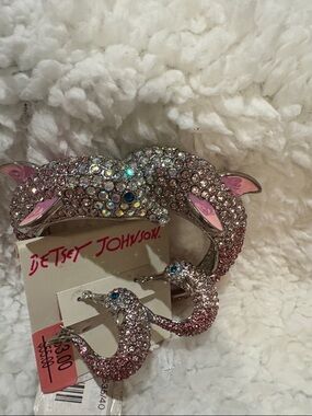 Betsey Johnson Pink Crystal Dolphin Bracelet and Dangle Earrings Set